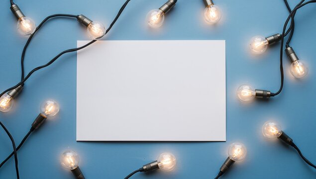 Illuminated string lights frame a blank white card perfect for holiday greetings or announcement invitations with a festive mood