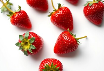 Luscious red strawberries, glistening, arranged on pristine white background,  healthy,  white background