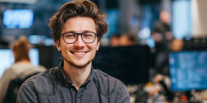 Smiling young male project manager with glasses in a modern office setting, concept for team collaboration, agile methodology and startup innovation