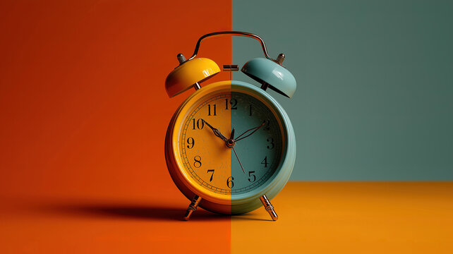 Alarm clock showing day and night split representing daylight saving time and effective time