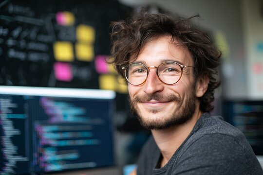 Smiling software developer with glasses in front of code on screen, concept for application development corporate innovation and cybersecurity solutions