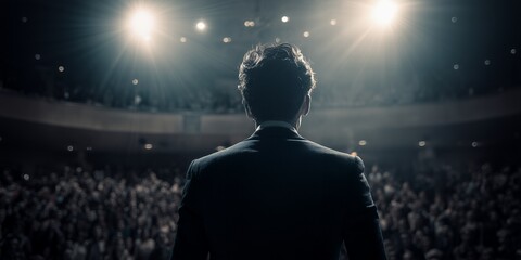 A businessman stands on stage with back to camera facing a large audience, concept for leadership seminar, keynote presentation and corporate event promotion