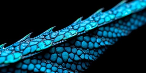 Intricate blue-green dragon wing scales, close-up detail against black,   seamless,  black