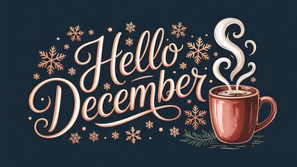 Hello december text with snowflakes and a steaming cup of coffee