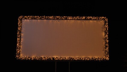 Blank illuminated billboard glowing warmly with festive string lights against a dark night sky, perfect for winter holidays and event promotions