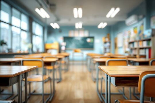 Bright classroom with blurred background and empty wooden desks, showcasing a welcoming learning environment during the day