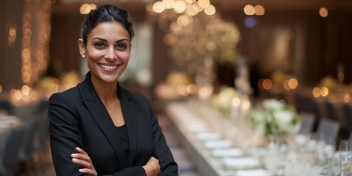 Confident female event planner smiling in front of a formal table setting, concept for wedding planning, luxury events and corporate hospitality - Powered by Adobe