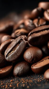Exploring the rich aroma and texture of dark roasted coffee beans from a local roastery in the morning light