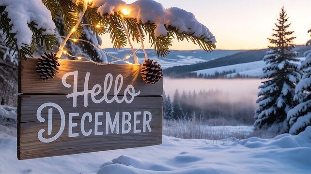 Rustic wooden sign saying hello december hangs on a snowy pine tree