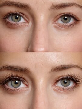 Before and after eyelash enhancement showing natural and dramatic looks with clear focus on eye makeup in a bright setting