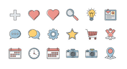 Set of 16 thin line icons for graphic and web design, apps, adverts, various cards, vector cartoon illustration. Includes plus, heart, loupe, light bulb, document, chat bubbles, gear, star, shopping