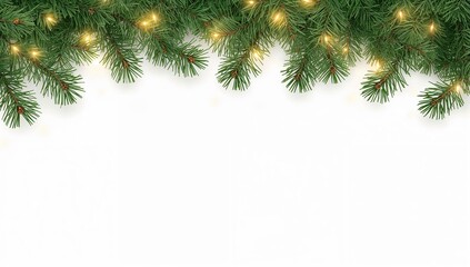 Festive evergreen branches with warm golden fairy lights creating a magical holiday border on a clean white background