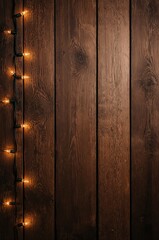Warm glowing string lights cascade down rustic dark wood planks, creating cozy festive ambiance for holidays and celebrations.