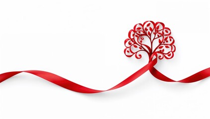 Elegant red ribbon tree symbolizes growth, connection, and vibrant life on a clean white background