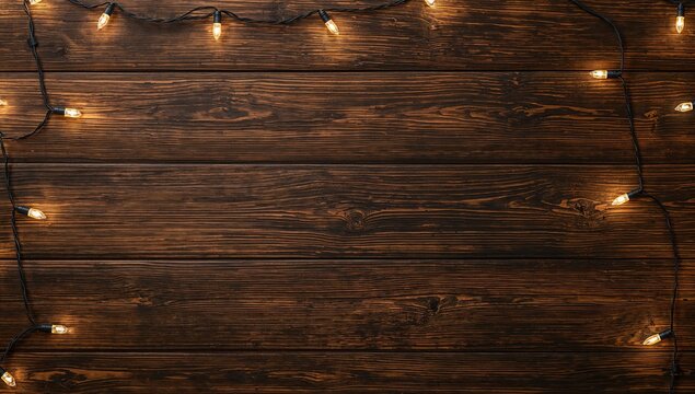 Warm glowing string lights draped across rustic dark wood planks create a cozy festive backdrop for holiday celebrations and winter scenes