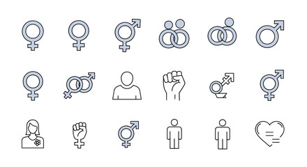 Collection of gender and feminism icons, including female and male symbols, intertwined rings, fist of solidarity, and human figures, designed with a thin line style for versatile application in