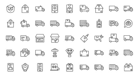 A comprehensive collection of line icons representing delivery and transportation services, featuring trucks, parcels, cargo, and related logistics symbols, ideal for graphic design, web development