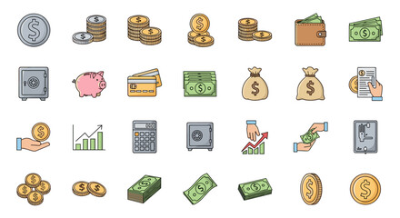 Vibrant Collection of Dollar and Money-Related Icons: Featuring Coins, Bills, Safes, Piggy Banks, Credit Cards, and Financial Growth Charts, Perfect for Infographics, Articles, and Digital Content
