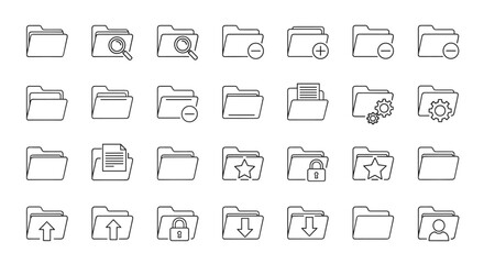 A comprehensive collection of minimalistic linear outline icons representing various folder operations and states, including search, add, remove, document, settings, favorite, locked, upload