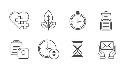 A collection of editable stroke line icons representing health care, nature, time, and communication, perfect for graphic designs, books, advertisements, and app interfaces, featuring a heart with