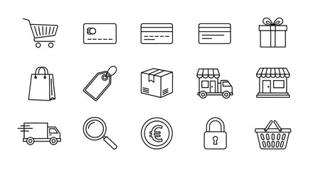 A clean and modern set of thin line icons representing various aspects of e-commerce and online shopping, including a shopping cart, credit cards, gift box, shopping bag, price tag, package, delivery