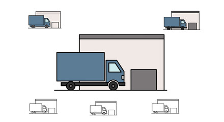 Minimalistic vector cartoon illustration of a blue delivery truck parked next to a warehouse building with a loading dock, symbolizing logistics and transportation, perfect for web and graphic