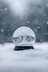 Stunning snow globe on snowy ground with falling snowflakes, evoking feelings of winter wonder and holiday magic
