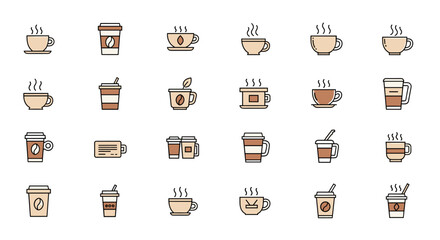 A collection of flat design icons representing various coffee and tea cups, perfect for UI elements, placards, books, and apps. These vector cartoon illustrations feature editable strokes and are