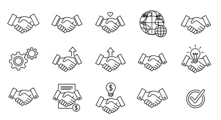 Collection of outline handshake icons representing business deals, partnership, agreement, and success, perfect for infographics, articles, books, flyers, and banners, editable stroke vector cartoon
