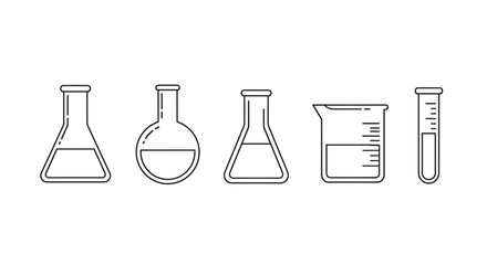 Minimalistic thin line icons of laboratory flasks and beakers, perfect for web design, graphic design, apps, banners, social networks, and cards. This vector cartoon illustration features essential