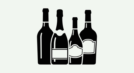 Collection of four black silhouette wine bottles of varying shapes and sizes, including champagne and wine bottles, with blank labels, representing alcoholic beverages, isolated on a white
