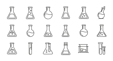 Set of 15 minimalistic laboratory flasks and beakers icons, presented in a clean, line-art vector style. This collection features various flask shapes like Erlenmeyer, round-bottom, and volumetric