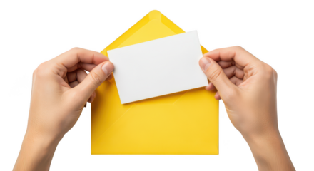 Hands inserting a white card into a yellow envelope isolated on transparent background