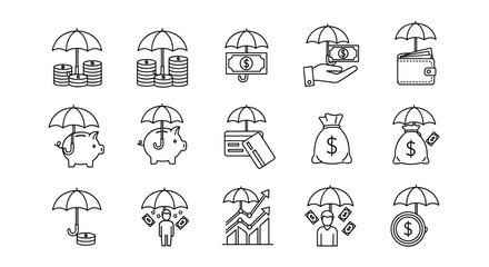 Set of line illustrations depicting financial security and protection, featuring umbrellas shielding stacks of coins, banknotes, piggy banks, credit cards, money bags, wallets, and individuals