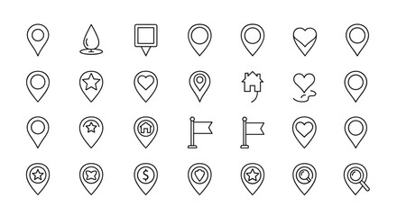 Collection of outline map pin line icons, featuring diverse symbols like hearts, stars, houses, flags, dollar signs, and magnifying glasses, perfect for graphic and web design, apps, adverts, and