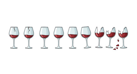A linear sequence of wine glasses, depicting a progression from intact to shattered, filled with red wine, presented as a cartoon vector illustration on a clean white background, symbolizing
