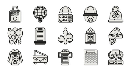 A collection of 15 minimalistic line icons representing various objects and concepts, including a padlock, globe, scales, baby, person in a suit, butterfly, document, abstract shape, bottle, helmet