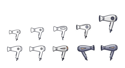 Collection of cartoon hair dryer icons in various styles and colors, including line art and filled illustrations, presented on a clean white background, perfect for web, print, and app design