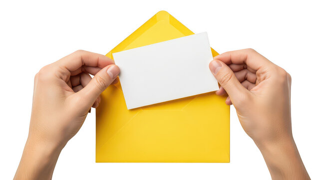 Hands inserting a white card into a yellow envelope isolated on transparent background