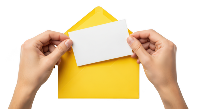 Hands inserting a white card into a yellow envelope isolated on transparent background