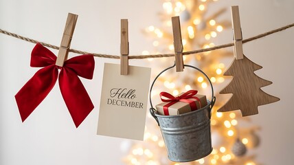 Christmas decorations hanging on a clothesline with a tree