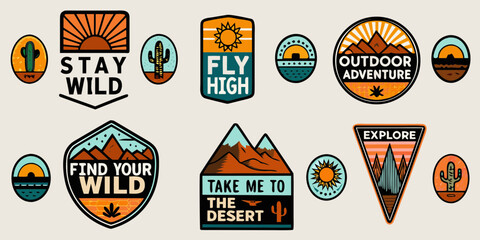 Collection of outdoor adventure themed patches and stickers with desert and mountain motifs © Lelin