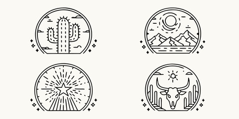 Set of four circular line art icons representing the american southwest landscape and symbols