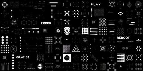 Collection of futuristic glitchy ui elements and icons on a dark background