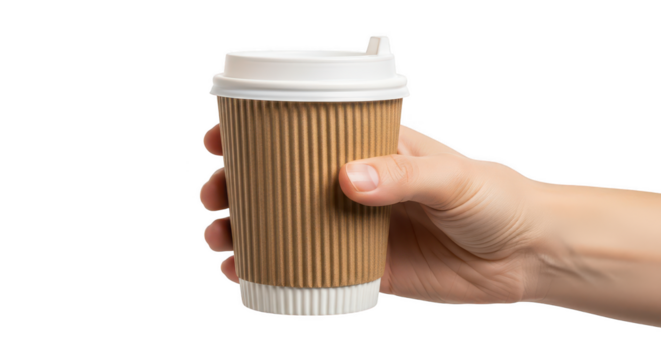 Hand holding a disposable coffee cup isolated on transparent background