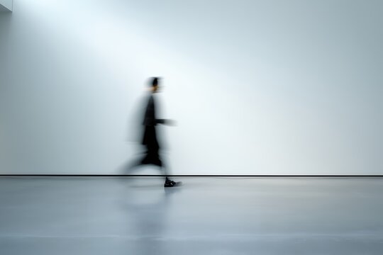 Blurred figure of a man in motion walking rapidly past a white wall in a minimalist interior, concept for speed and efficiency, deadlines and business rush and modern urgency