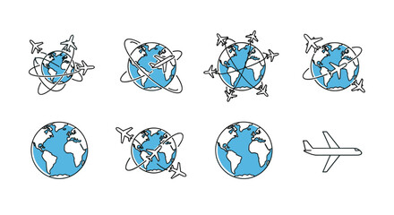 Collection of minimalistic linear pictograms depicting airplanes circling the globe, symbolizing global travel, air transportation, and international connectivity. These clean vector illustrations