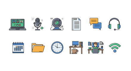 Vivid cartoon vector illustration set depicting elements of online meetings and remote work, including a laptop with video call, microphone, webcam, document, chat bubbles, headphones, calendar