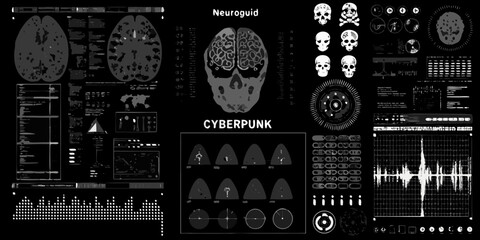 Futuristic cyberpunk interface displaying brain scans medical data and skull graphics © Lelin
