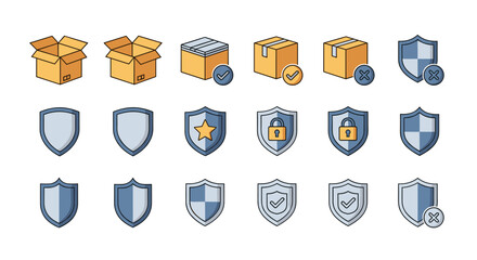 Collection of flat design icons representing shipping boxes and security shields, perfect for e-commerce, logistics, and protection themes. Includes open and closed boxes, shields with checkmarks